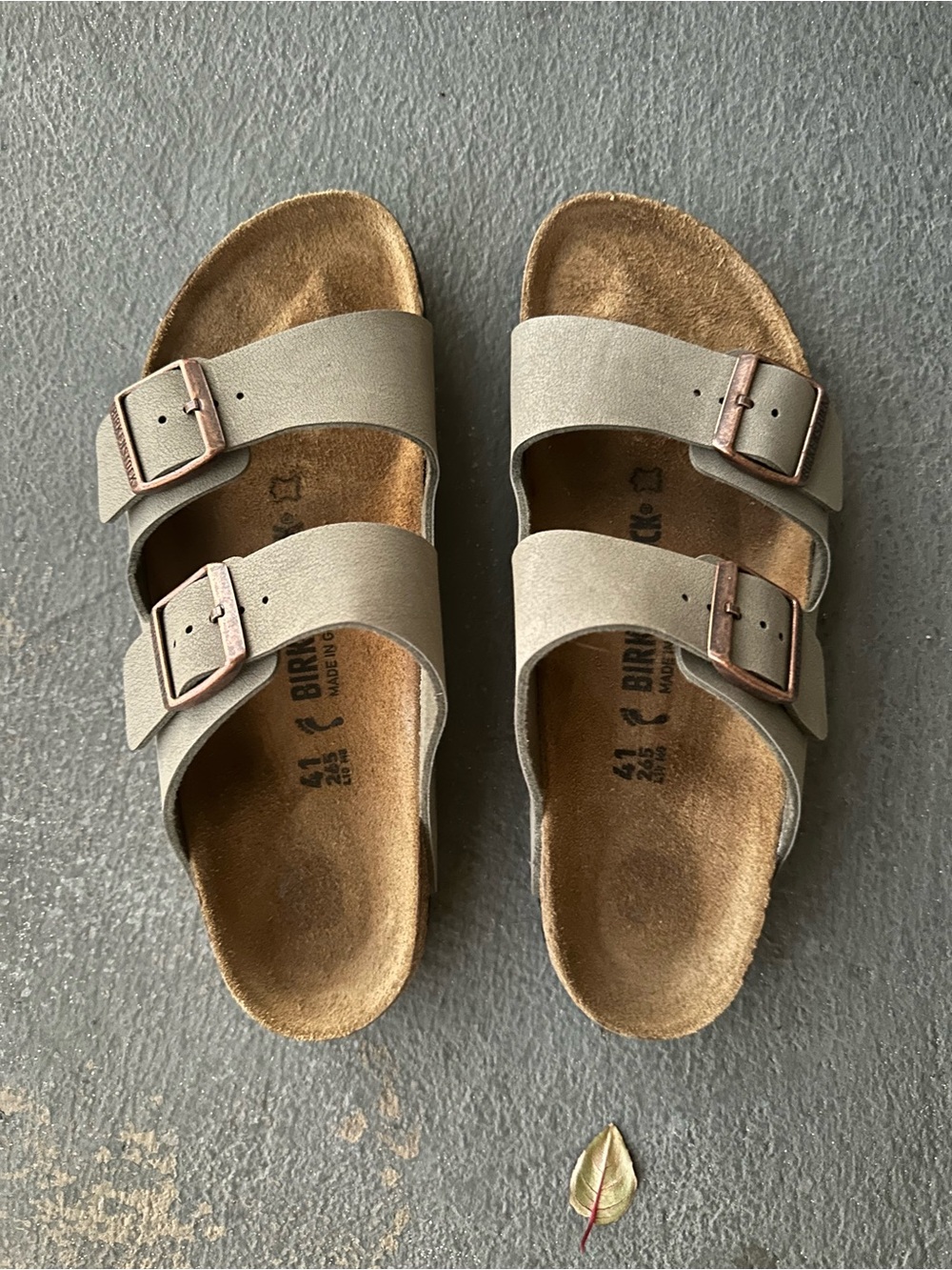 Birkenstock Arizona Double-Strap Sandals in Taupe with Bronze Buckles